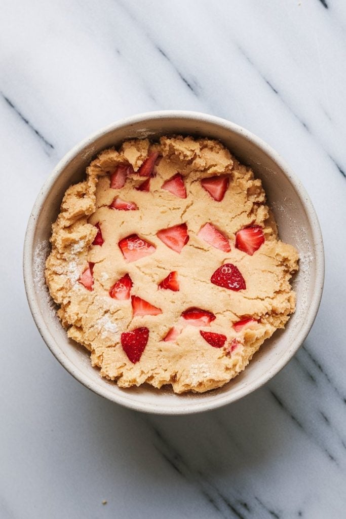 A bowl of raw strawberry shortbread cookie dough with chunks of fresh strawberries mixed in, ready to be baked.