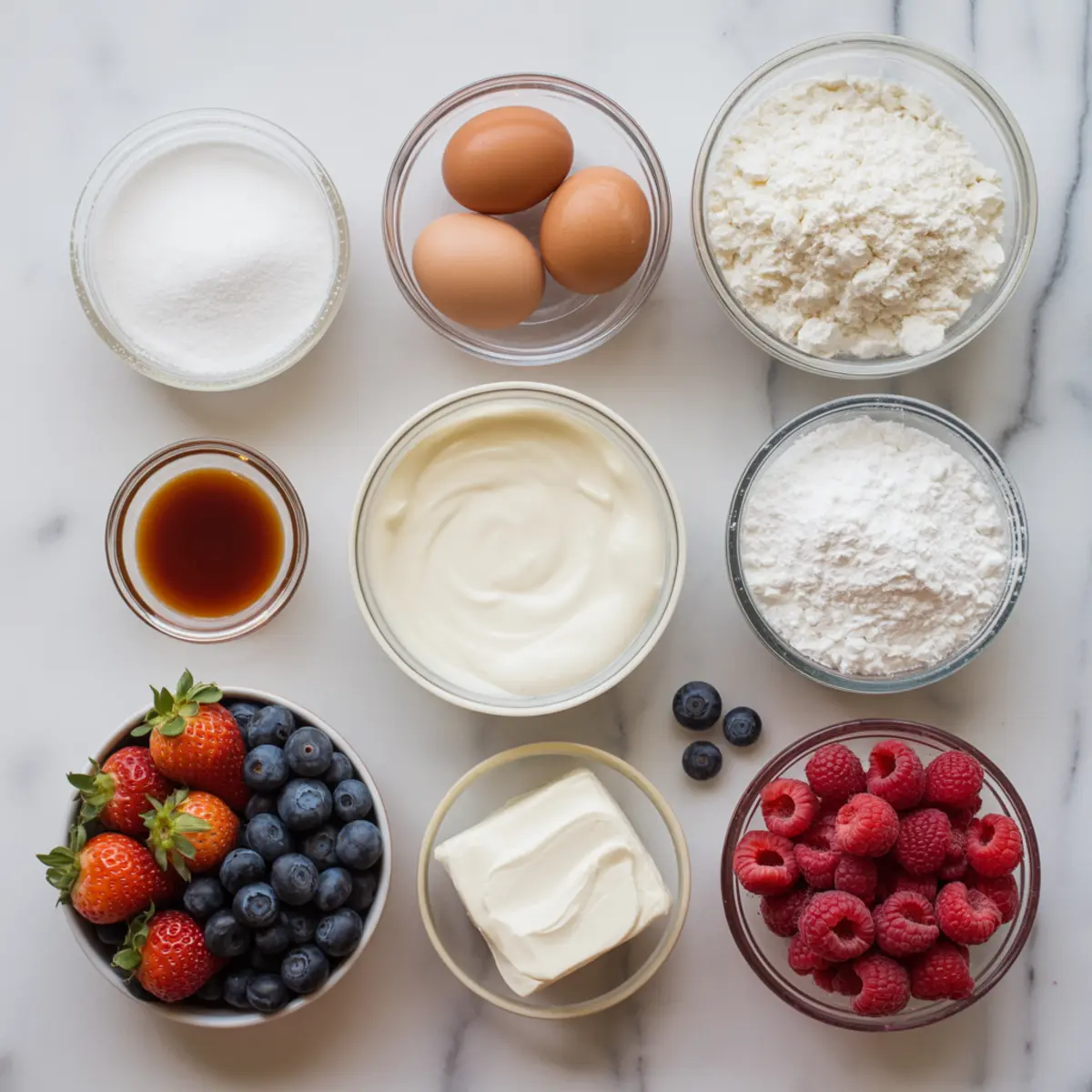 Flat lay of baking ingredients on a marble surface, including fresh strawberries, blueberries, and raspberries, three brown eggs, granulated sugar, all-purpose flour, powdered sugar, vanilla extract, cream cheese, whipped cream, and a bowl of creamy batter.