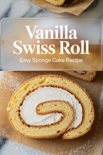 Close-up of a sliced vanilla Swiss roll sponge cake on parchment paper, highlighting a golden sponge texture wrapped around a thick layer of creamy whipped filling, with powdered sugar sprinkled on the surface.