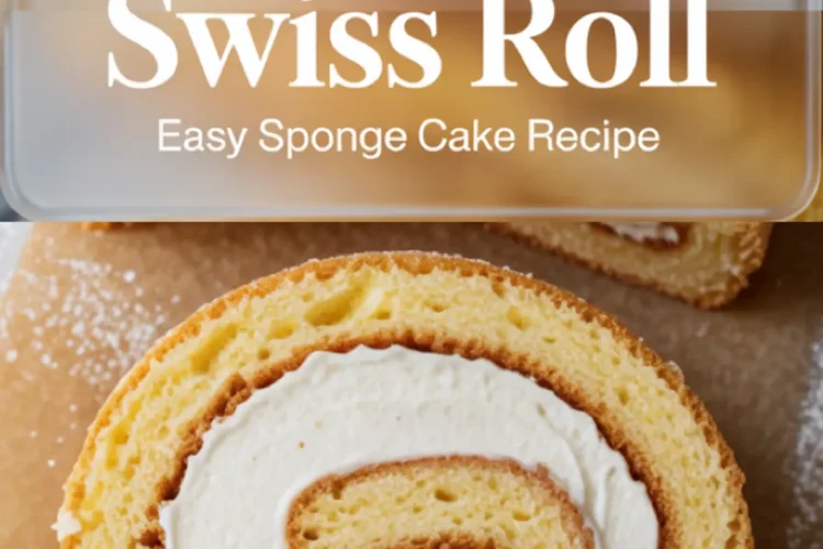 Close-up of a sliced vanilla Swiss roll sponge cake on parchment paper, highlighting a golden sponge texture wrapped around a thick layer of creamy whipped filling, with powdered sugar sprinkled on the surface.