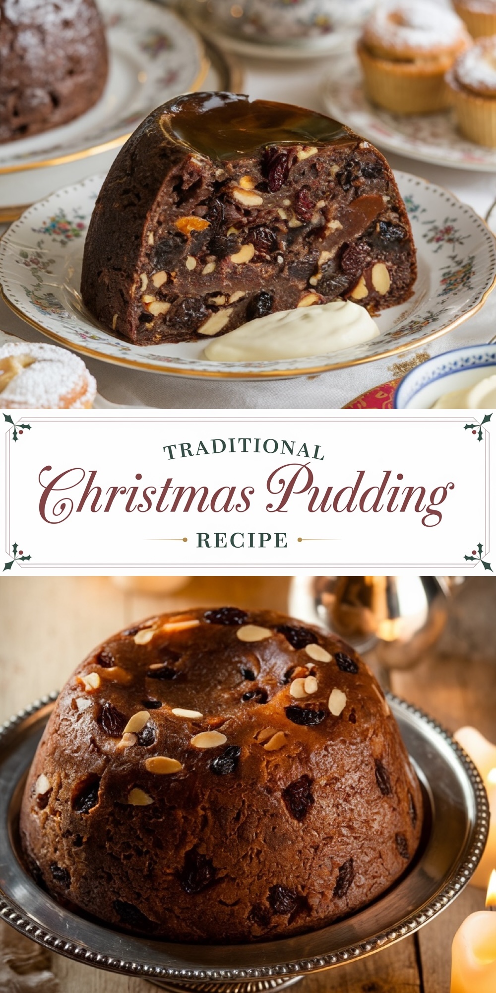 A rich, traditional Christmas pudding sliced to reveal a dense mix of dried fruits, nuts, and spices. The pudding sits elegantly on a vintage floral plate, served with a dollop of cream, capturing the essence of a classic holiday dessert.
