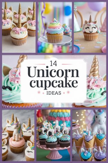 A close-up image of colorful unicorn cupcakes with pastel pink, green, and blue swirled frosting, decorated with small pearls and sprinkles. Behind the cupcakes, there is a gold unicorn horn, partially visible. Overlaid on the image is a white rectangular box containing the text "14 Unicorn Cupcake Ideas." The number "14" is bold in a gradient pastel color, while "Unicorn Cupcake" is written in a decorative script with a matching pastel gradient. The word "IDEAS" is in a simple, clean sans-serif font in gray at the bottom of the text box. The background features soft pastel hues, blending gently into the scene.