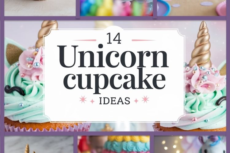 A close-up image of colorful unicorn cupcakes with pastel pink, green, and blue swirled frosting, decorated with small pearls and sprinkles. Behind the cupcakes, there is a gold unicorn horn, partially visible. Overlaid on the image is a white rectangular box containing the text "14 Unicorn Cupcake Ideas." The number "14" is bold in a gradient pastel color, while "Unicorn Cupcake" is written in a decorative script with a matching pastel gradient. The word "IDEAS" is in a simple, clean sans-serif font in gray at the bottom of the text box. The background features soft pastel hues, blending gently into the scene.