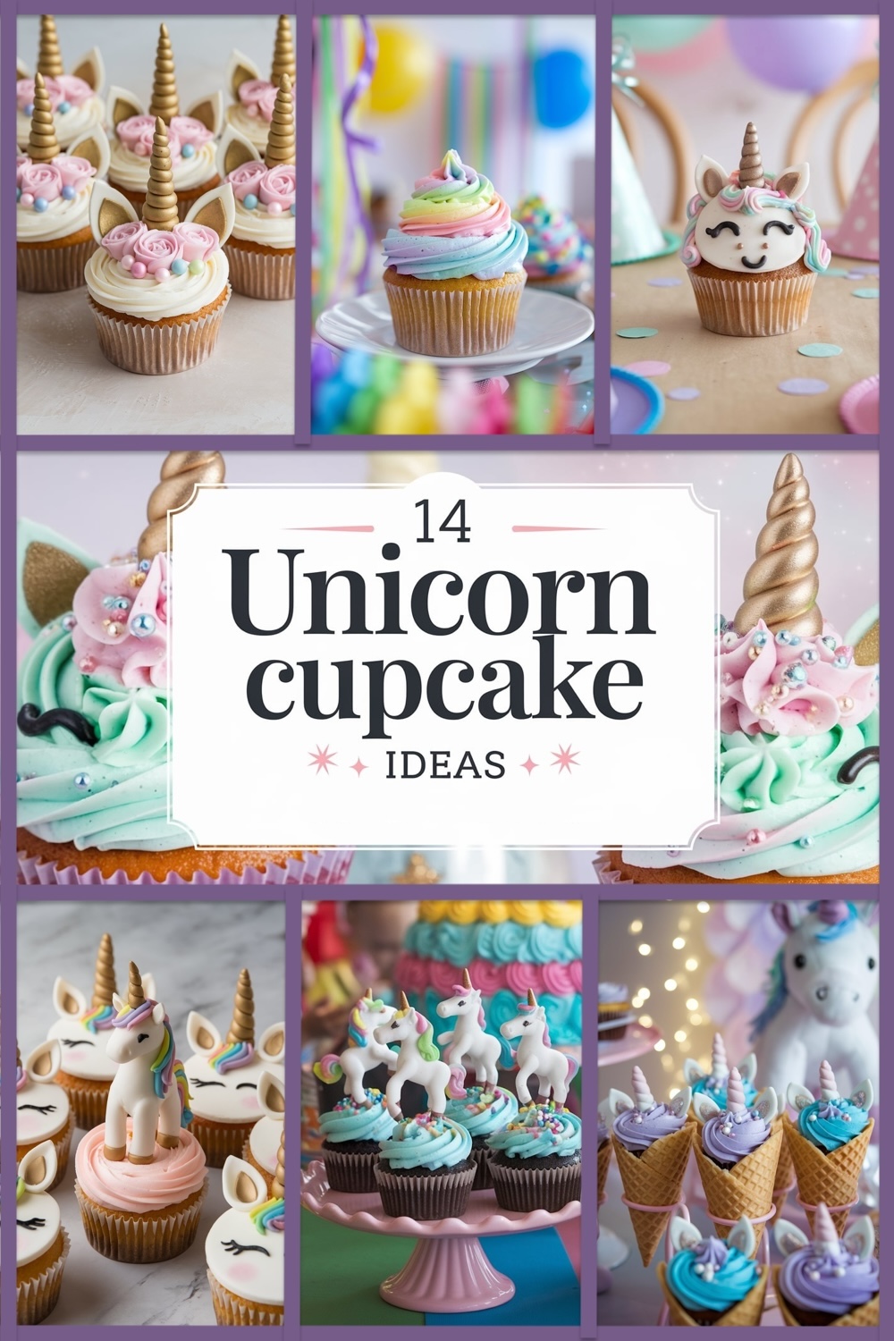 A close-up image of colorful unicorn cupcakes with pastel pink, green, and blue swirled frosting, decorated with small pearls and sprinkles. Behind the cupcakes, there is a gold unicorn horn, partially visible. Overlaid on the image is a white rectangular box containing the text "14 Unicorn Cupcake Ideas." The number "14" is bold in a gradient pastel color, while "Unicorn Cupcake" is written in a decorative script with a matching pastel gradient. The word "IDEAS" is in a simple, clean sans-serif font in gray at the bottom of the text box. The background features soft pastel hues, blending gently into the scene.