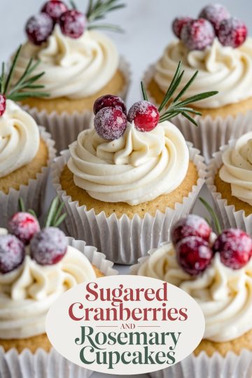 Close-up of festive vanilla cupcakes topped with creamy buttercream, sugared cranberries, and fresh rosemary sprigs, perfect for holiday celebrations.
