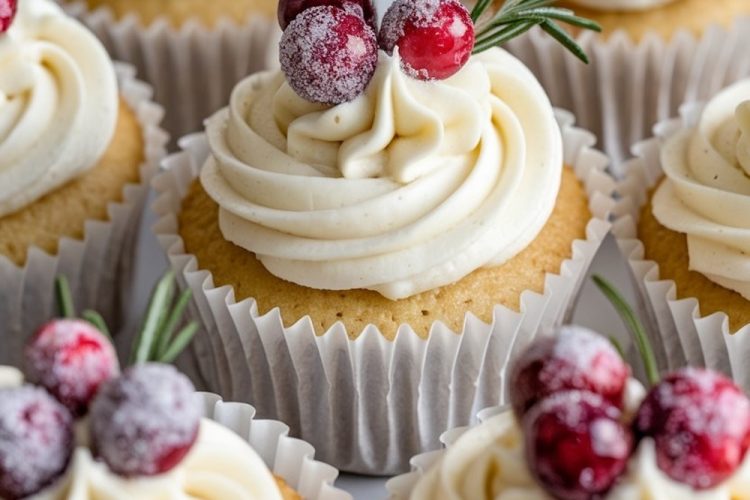 Close-up of festive vanilla cupcakes topped with creamy buttercream, sugared cranberries, and fresh rosemary sprigs, perfect for holiday celebrations.
