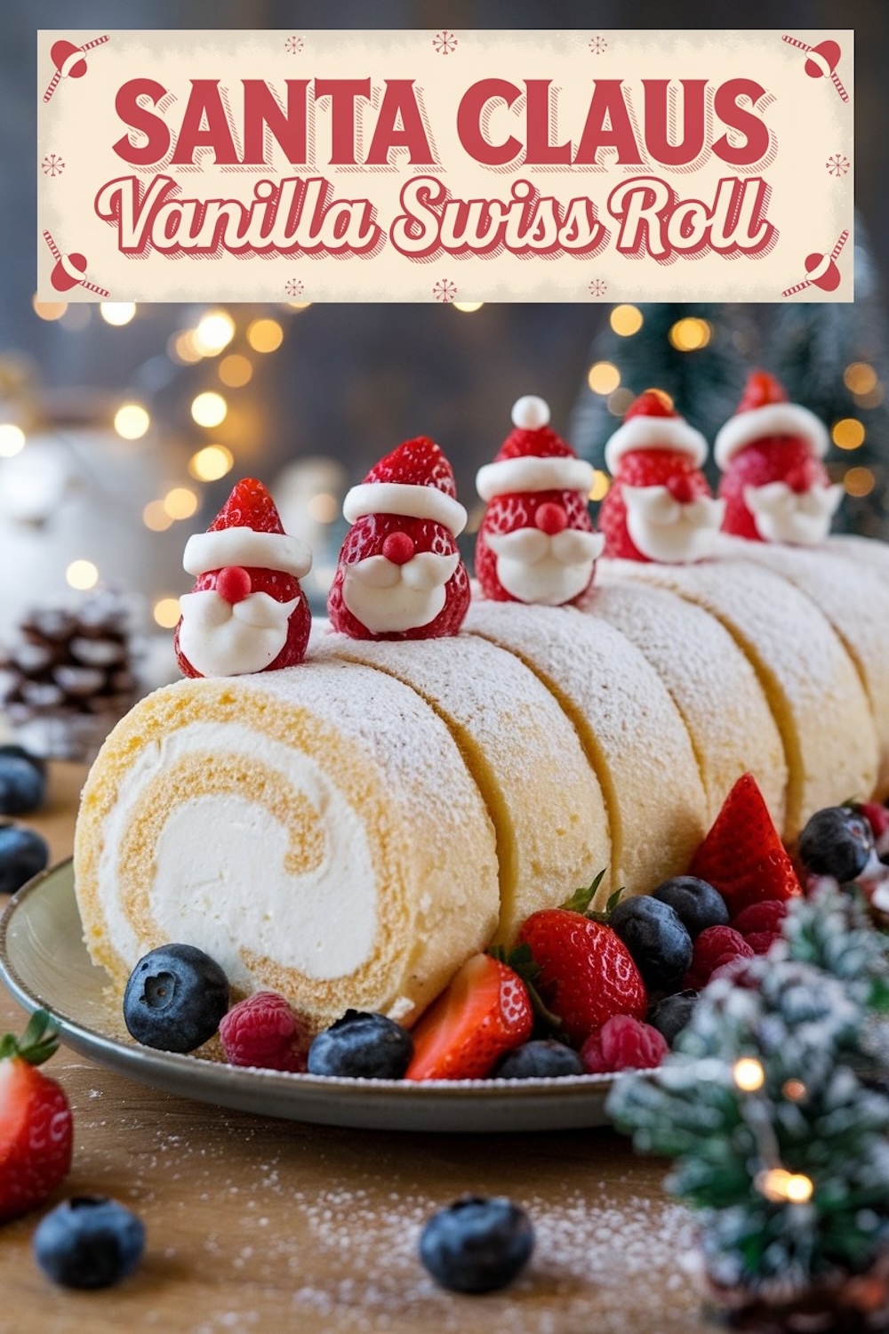 A festive Vanilla Swiss Roll sprinkled with powdered sugar, adorned with strawberry Santa Clauses wearing whipped cream hats, surrounded by fresh blueberries, raspberries, and strawberries, set against a holiday background with twinkling lights.