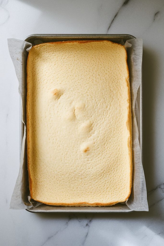 A freshly baked, golden vanilla Swiss roll cake in a rectangular baking tray lined with parchment paper on a marble countertop.