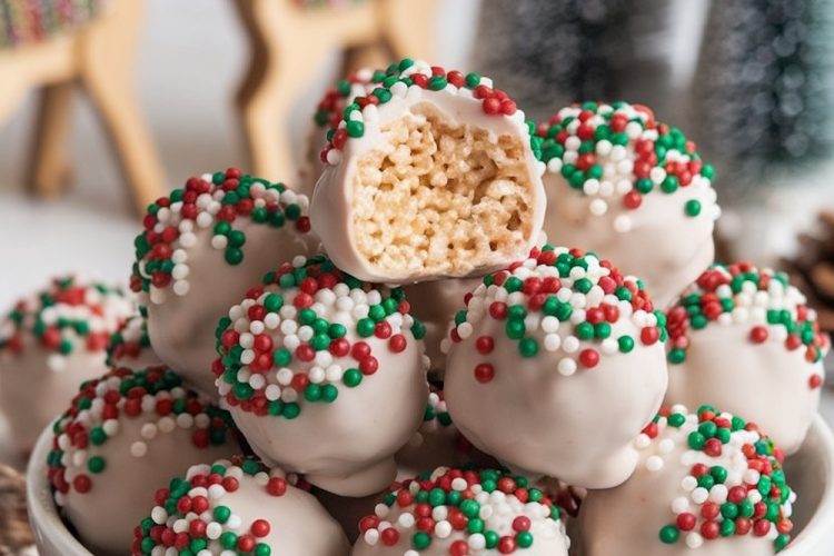 Festive White Chocolate Rice Krispie Balls with holiday sprinkles—easy, no-bake dessert for Christmas parties or gifts. Perfect quick holiday treat!