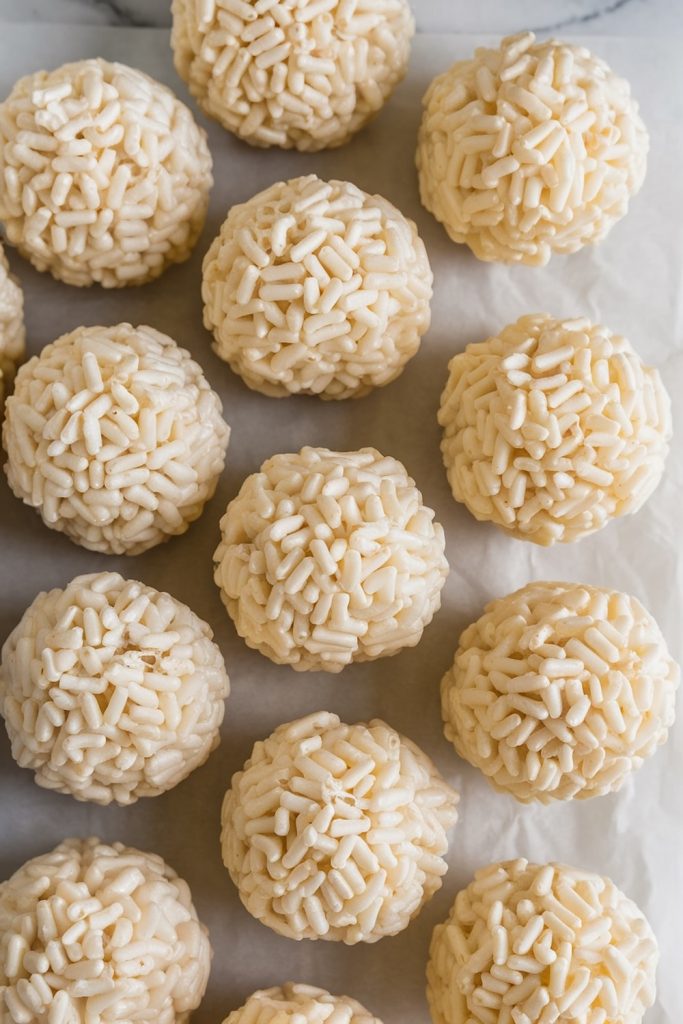 Twelve white chocolate Rice Krispie balls arranged on parchment paper, each ball featuring a crisp outer layer of Rice Krispies bound together by creamy white chocolate.