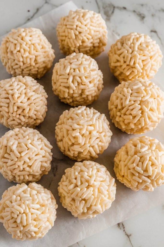 Eleven round white chocolate Rice Krispie balls placed neatly on parchment paper, showing the textured, crispy surface of the cereal coating.