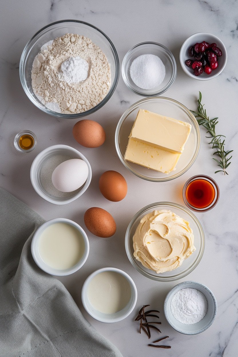 A beautifully arranged display of ingredients for a winter vanilla cake, including flour, sugar, butter, eggs, vanilla extract, milk, and cream cheese, with cranberries and fresh rosemary for seasonal garnish. The ingredients are laid out on a marble countertop, highlighting the essential components for a rich, festive vanilla cake perfect for winter celebrations.