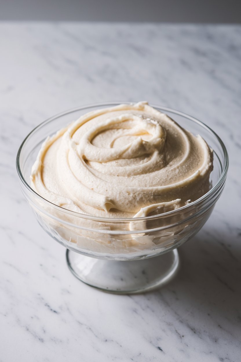 A glass bowl filled with smooth and creamy vanilla frosting, whipped to perfection. The luxurious texture of this frosting, with its slight swirls, indicates a luscious, velvety finish for the winter vanilla cake, adding to its seasonal charm and indulgent taste.