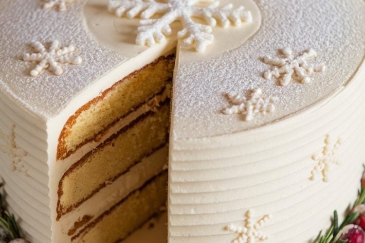 Festive winter-themed layer cake with smooth white frosting, decorated with intricate snowflake designs and a dusting of powdered sugar. A slice is cut to reveal the even layers of sponge cake and creamy filling inside. The cake is garnished at the base with fresh cranberries and rosemary sprigs, adding a pop of color and holiday charm to this elegant Christmas dessert.