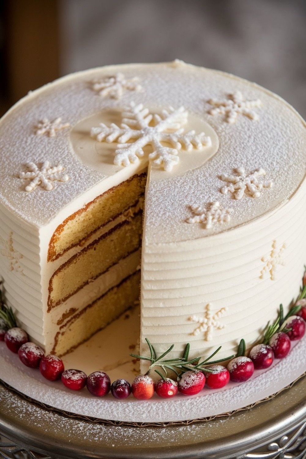 Festive winter-themed layer cake with smooth white frosting, decorated with intricate snowflake designs and a dusting of powdered sugar. A slice is cut to reveal the even layers of sponge cake and creamy filling inside. The cake is garnished at the base with fresh cranberries and rosemary sprigs, adding a pop of color and holiday charm to this elegant Christmas dessert.