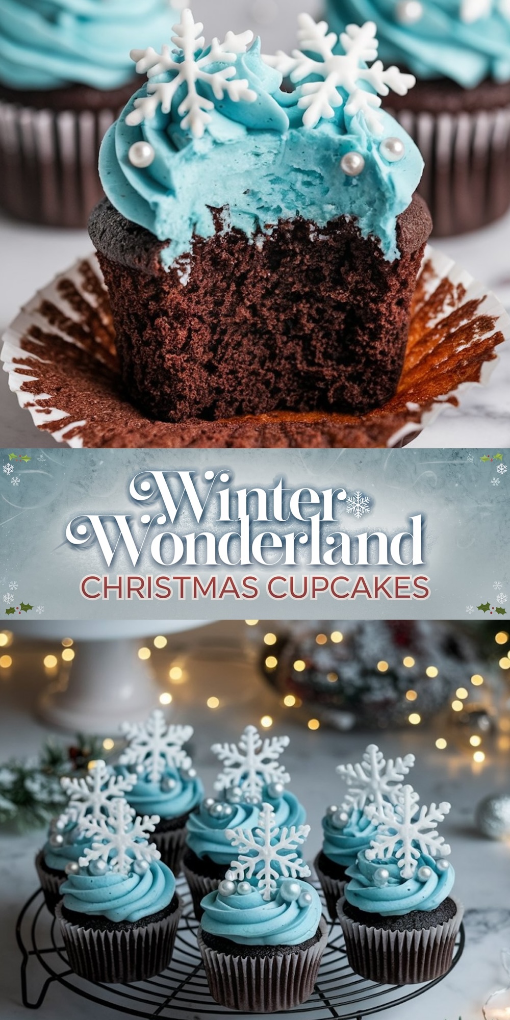 An array of chocolate cupcakes with blue frosting and intricate white snowflake toppings, arranged on a wire rack with a backdrop of festive lights and decorations, titled 'Winter Wonderland Christmas Cupcakes'.