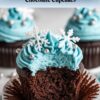 A single chocolate cupcake with vibrant blue frosting topped with a white fondant snowflake and silver edible pearls, presented on a dark background with a 'Winter Wonderland Chocolate Cupcakes' banner above.
