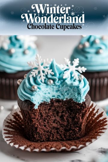 A single chocolate cupcake with vibrant blue frosting topped with a white fondant snowflake and silver edible pearls, presented on a dark background with a 'Winter Wonderland Chocolate Cupcakes' banner above.