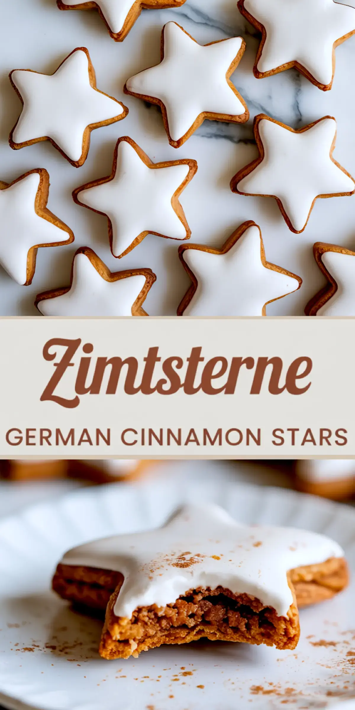 Star-shaped Zimtsterne cookies with white icing displayed on a marble background, highlighting the uniform glaze and golden-brown edges of these classic German Christmas treats.