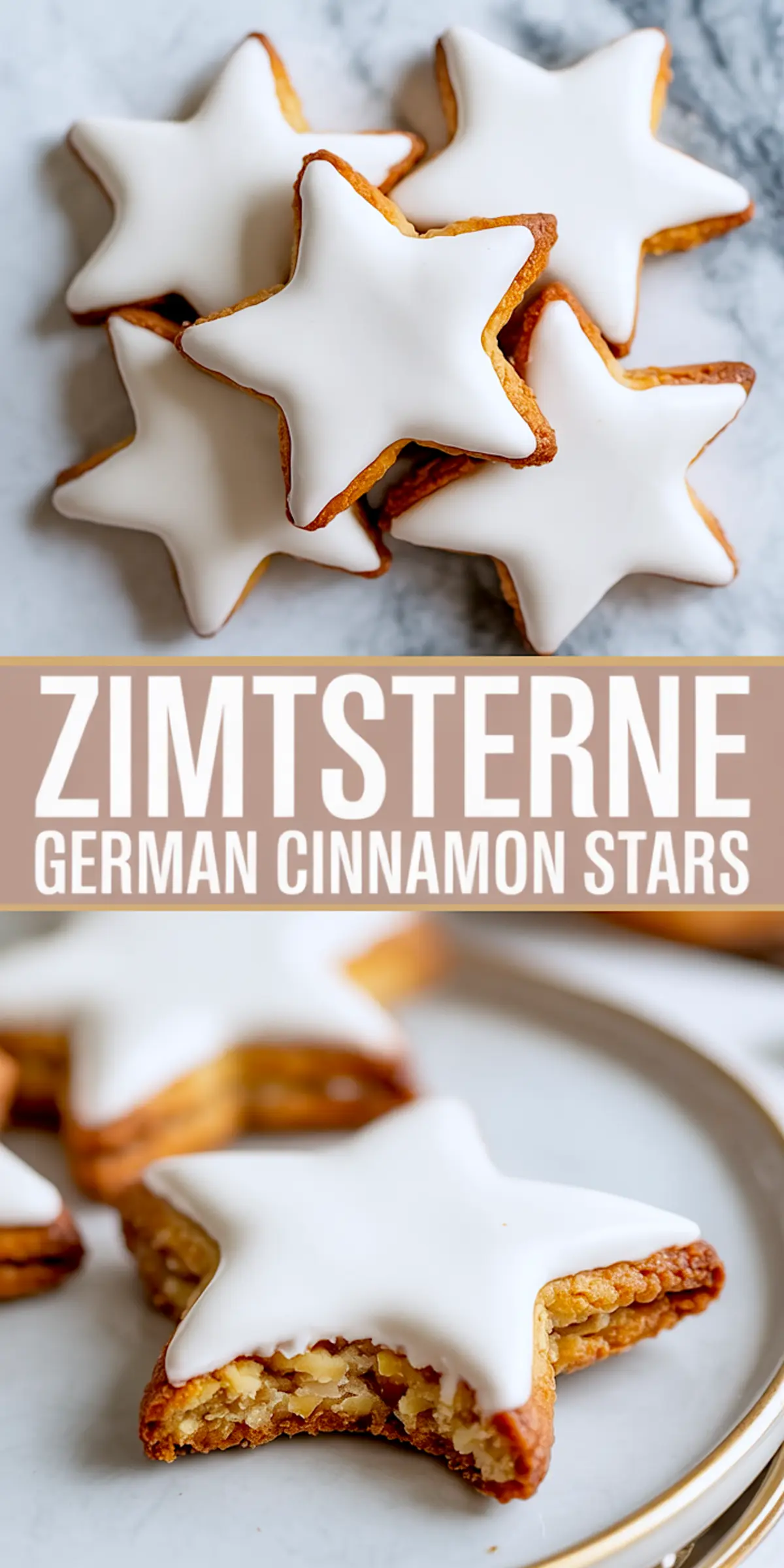 Stacked cinnamon star cookies topped with white icing, with one cookie bitten to reveal a chewy nutty filling, presented on a marble surface for a festive holiday dessert display.
