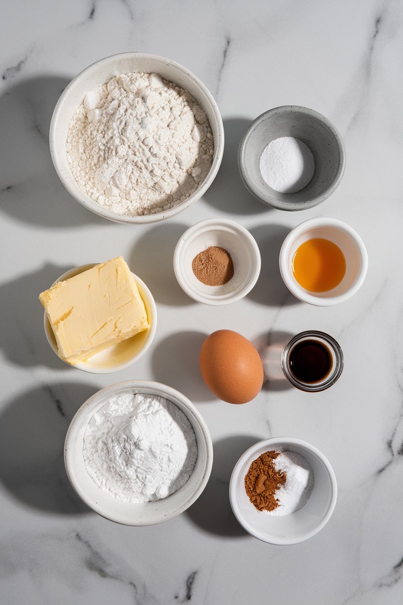 An overhead shot of ingredients for classic German cinnamon star cookies (Zimtsterne), including flour, butter, powdered sugar, cinnamon, nutmeg, vanilla, egg, and almond flour. Arranged on a marble countertop, this setup highlights the essential ingredients for creating these traditional spiced holiday cookies.