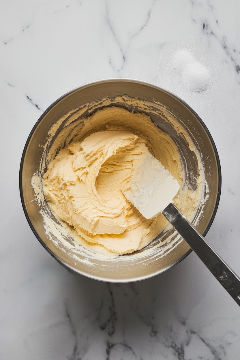 A mixing bowl with creamy, whipped butter and sugar, ready for further ingredients. The smooth texture indicates the early stages of mixing for the Zimtsterne dough, a critical step to ensure the cookies are light and fluffy with a delicate texture.