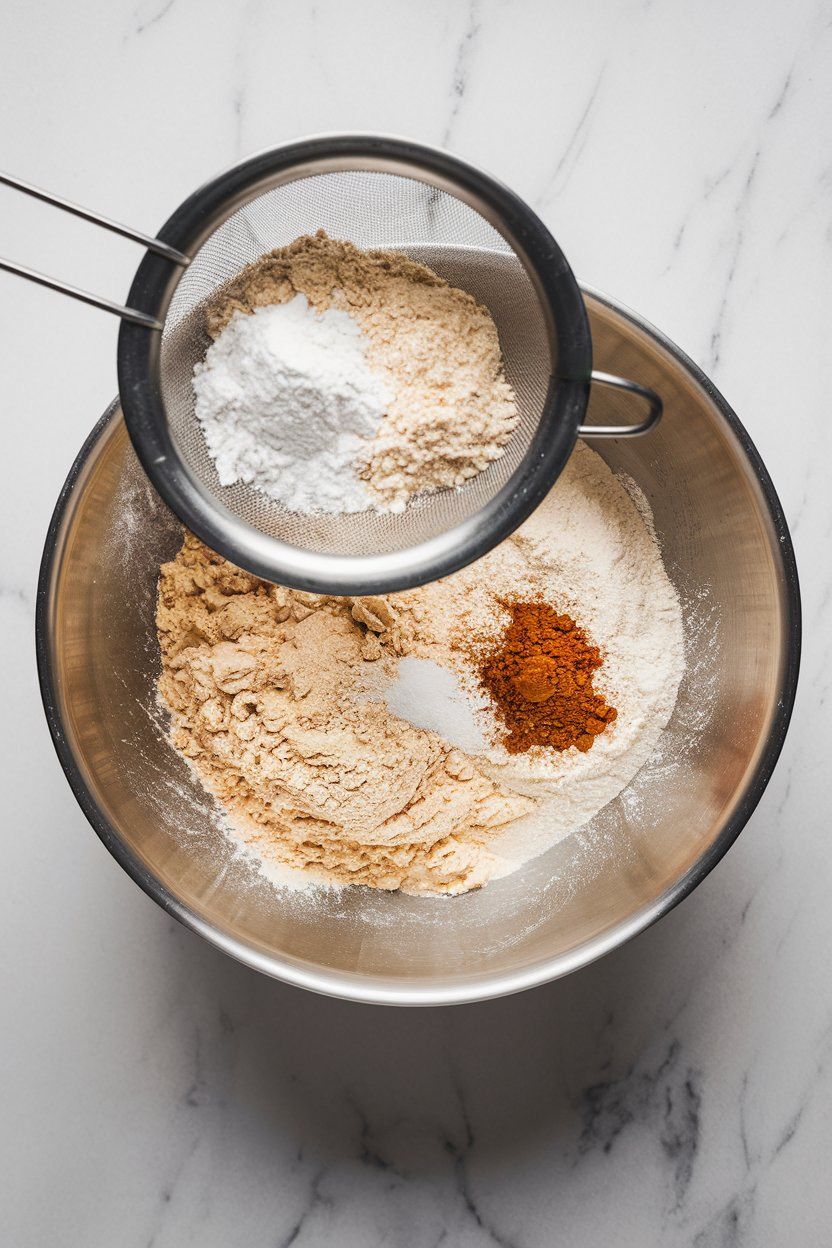 A sifter over a mixing bowl, filled with dry ingredients like flour, powdered sugar, and cinnamon. This step ensures a smooth, lump-free mixture for the cinnamon star cookies, emphasizing the care and precision in traditional German baking.