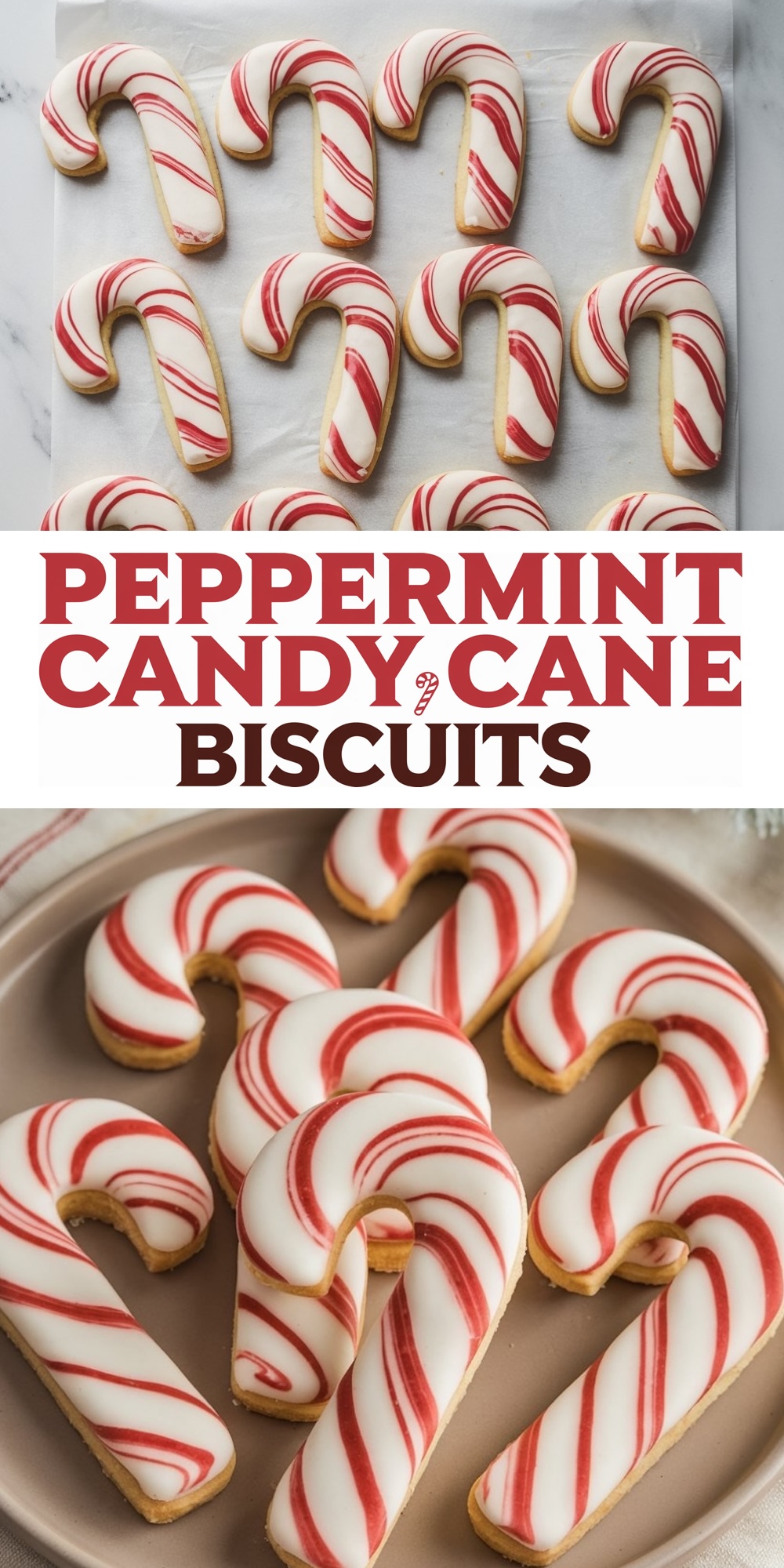 Candy cane-shaped biscuits with smooth white icing and red peppermint swirls, arranged on a parchment-lined tray. These festive Peppermint Candy Cane Biscuits are a beautiful Christmas cookie option for holiday gatherings and gift-giving