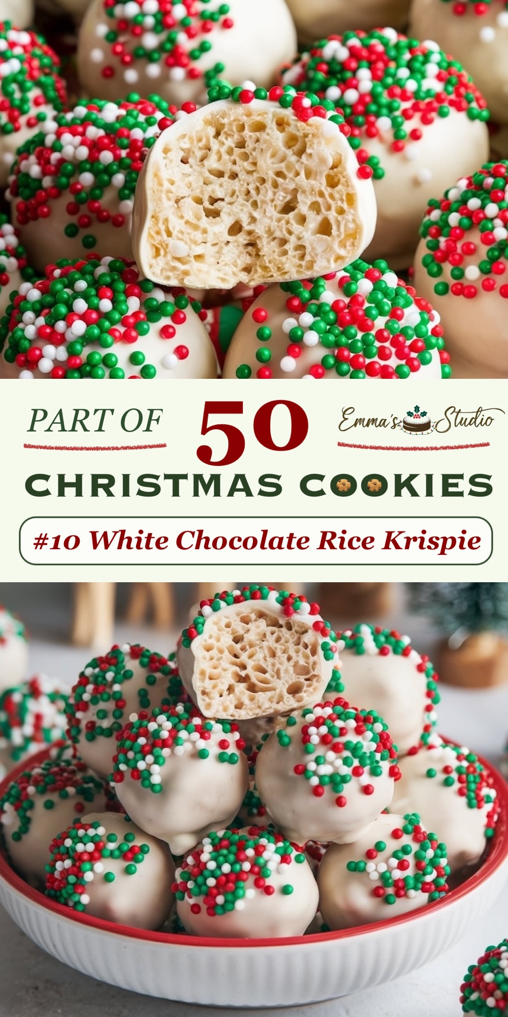 White chocolate Rice Krispie balls decorated with festive red, green, and white sprinkles. These no-bake treats feature a crunchy Rice Krispie center wrapped in smooth white chocolate, making them easy to prepare and perfect for adding color to holiday dessert platters. Part of a 50 Christmas Cookies collection, these treats are a family-friendly option for quick holiday baking.