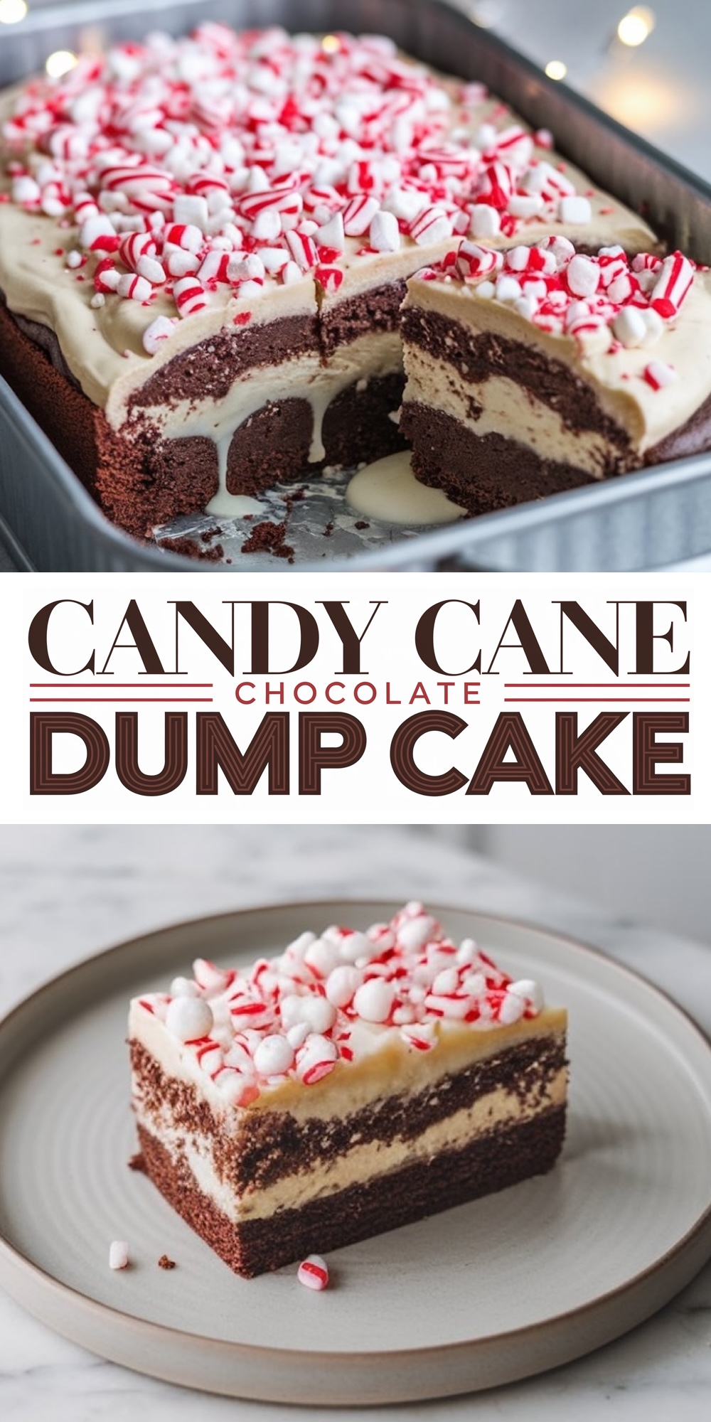 Layered Candy Cane Chocolate Dump Cake topped with creamy frosting, mini marshmallows, and crushed candy cane pieces. A rich, festive dessert ideal for Christmas parties and peppermint lovers.
