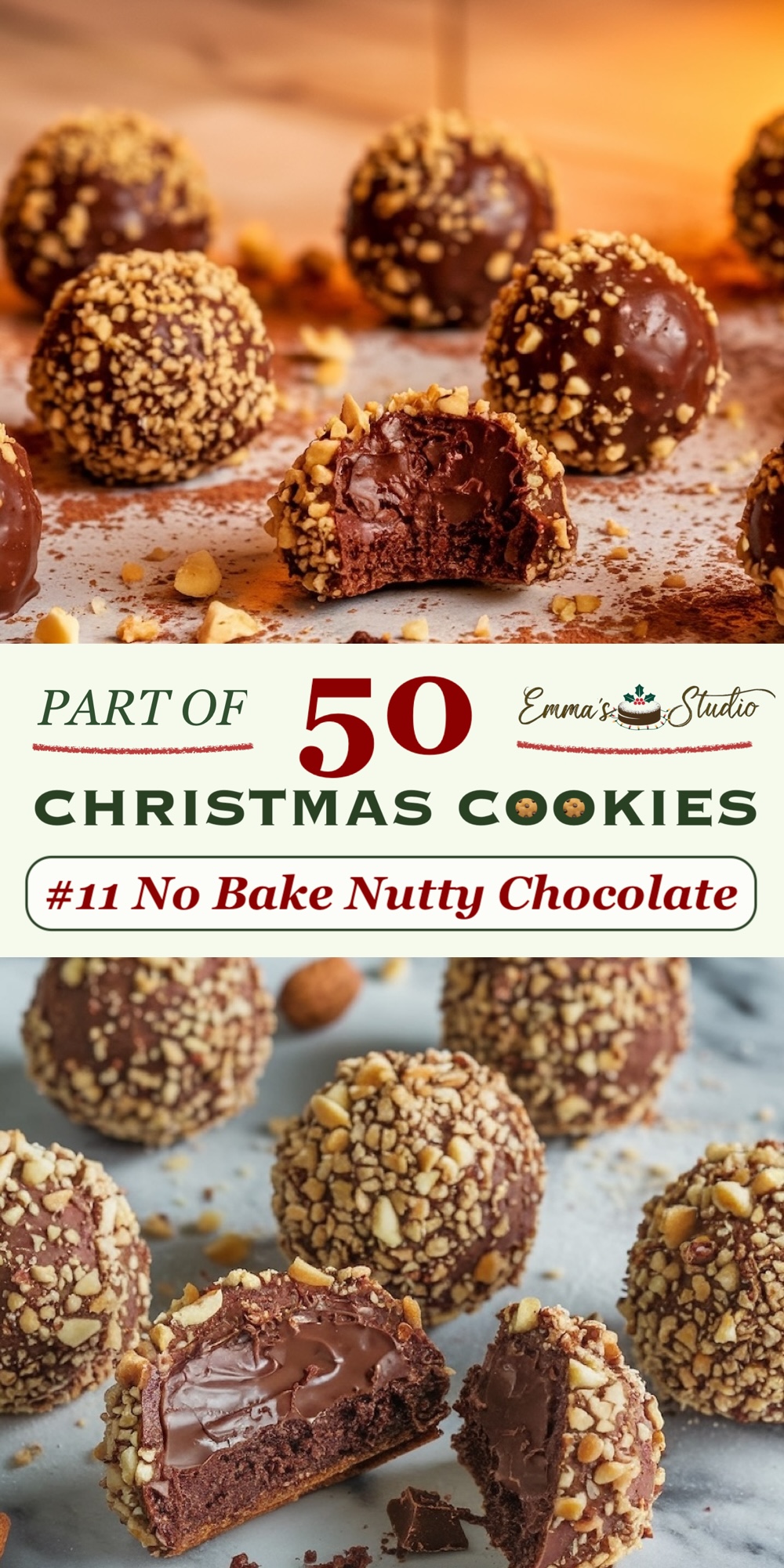 No-bake nutty chocolate balls with a crunchy chopped nut coating and a creamy chocolate center. The cross-section shows a rich chocolate filling, providing a delightful contrast to the nutty exterior. Part of a 50 Christmas Cookies collection, these easy, no-bake treats combine chocolatey indulgence with a satisfying crunch, ideal for quick holiday dessert options.