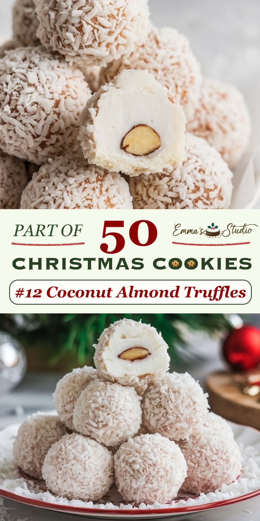 Coconut almond truffles featuring a creamy coconut filling and a whole almond center, all coated in a layer of shredded coconut. These easy, no-bake treats have a rich, smooth texture with a satisfying crunch from the almond. Part of a 50 Christmas Cookies collection, these truffles bring a tropical twist to holiday treats, perfect for adding a unique, nutty flavor to dessert spreads.