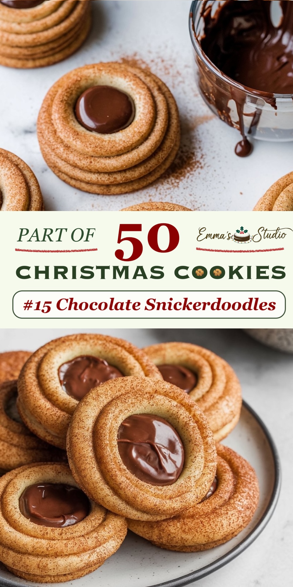 Chocolate snickerdoodles with a piped, spiced cookie base and a melted chocolate center. The cookies are dusted with cinnamon and sugar, adding warmth and a hint of spice. Part of a 50 Christmas Cookies collection, these cookies put a chocolatey twist on classic snickerdoodles, making them a flavorful choice for holiday dessert platters.