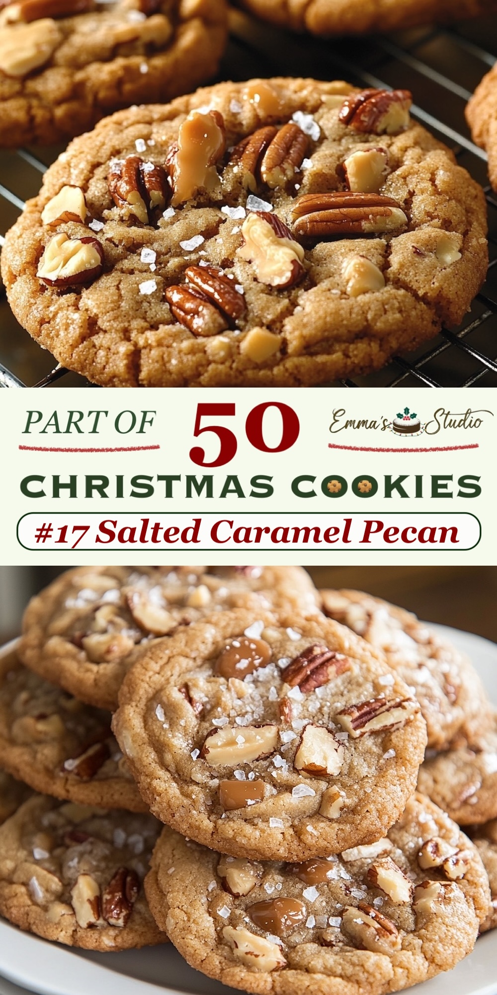 Salted caramel pecan cookies with a soft, chewy base, topped with whole pecans, caramel chunks, and a sprinkle of sea salt. The combination of salty and sweet flavors makes these cookies irresistible. Part of a 50 Christmas Cookies collection, these easy-to-bake treats are perfect for holiday gatherings, offering a comforting, nutty sweetness.
