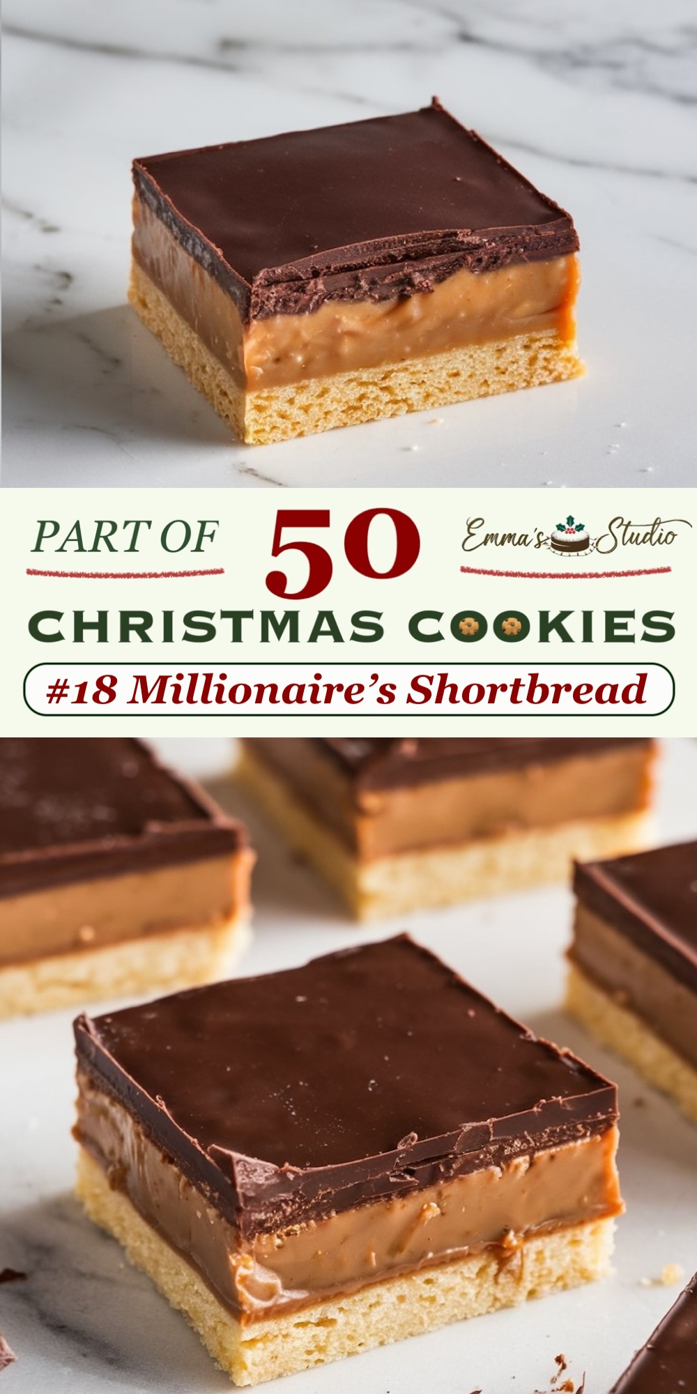 Millionaire's shortbread with layers of buttery shortbread, creamy caramel, and a smooth chocolate topping. This rich and indulgent treat combines crisp, chewy, and silky textures for a decadent bite. Part of a 50 Christmas Cookies collection, this layered dessert offers an elevated, yet easy-to-make option for Christmas cookie spreads.