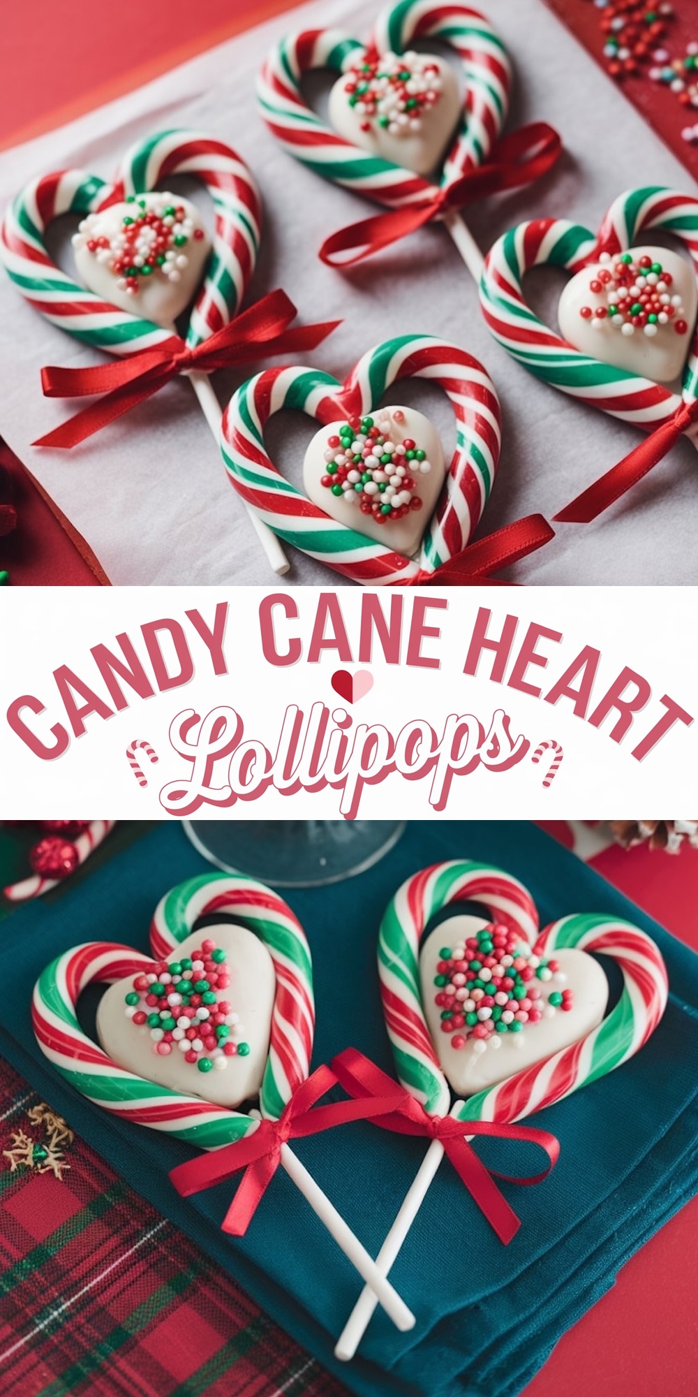 Festive Candy Cane Heart Lollipops made from red and green striped mini candy canes shaped into hearts, filled with creamy white chocolate, and decorated with holiday sprinkles and red ribbons. Easy Christmas candy recipe, perfect for gifting and adding holiday charm to dessert tables.