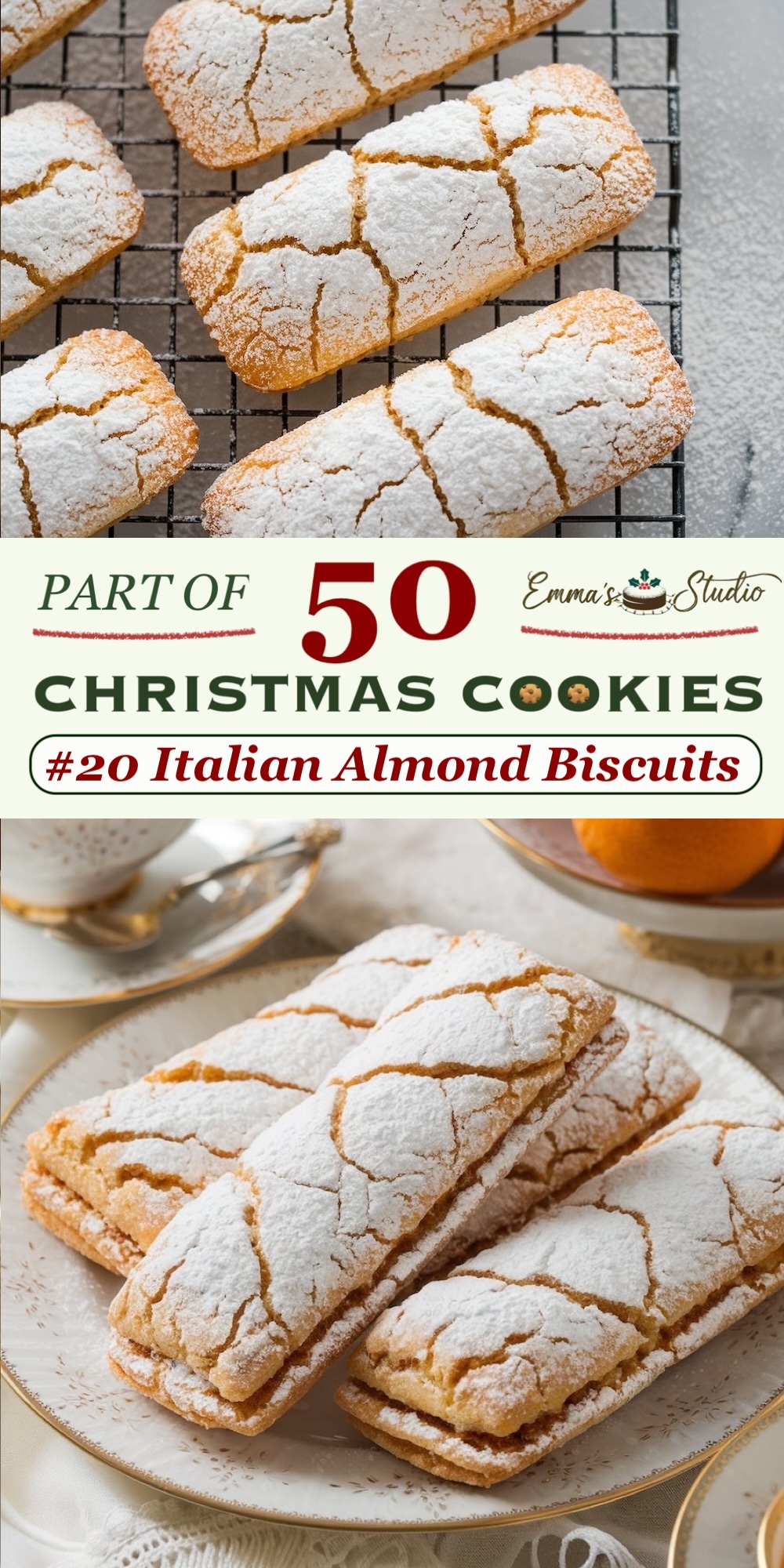 Italian almond biscuits with a cracked, powdered sugar surface, arranged on a cooling rack. These traditional biscotti-style cookies have a light, crispy texture and a rich almond flavor, making them perfect for pairing with coffee or tea. Part of a 50 Christmas Cookies collection, these easy-to-make biscuits bring an Italian-inspired twist to holiday baking.