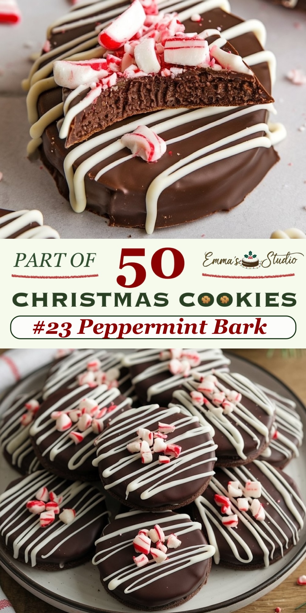 Red velvet blossom cookies with a festive peppermint twist, topped with striped peppermint chocolate kisses and sprinkled with crushed peppermint candies. These vibrant red cookies have a soft, cake-like texture that pairs beautifully with the cool mint topping. As part of a 50 Christmas Cookies collection, these red velvet blossoms are a colorful and minty addition to holiday dessert tables.