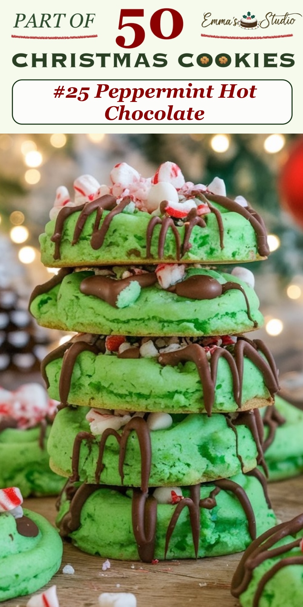 Peppermint hot chocolate cookies with a bright green base, drizzled in rich chocolate and topped with crushed peppermint candies and mini marshmallows. The festive green color and hot chocolate-inspired toppings create a holiday treat that’s both eye-catching and flavorful. Part of a 50 Christmas Cookies collection, these cookies capture the essence of peppermint hot chocolate, perfect for adding a minty, chocolatey twist to Christmas cookie spreads.