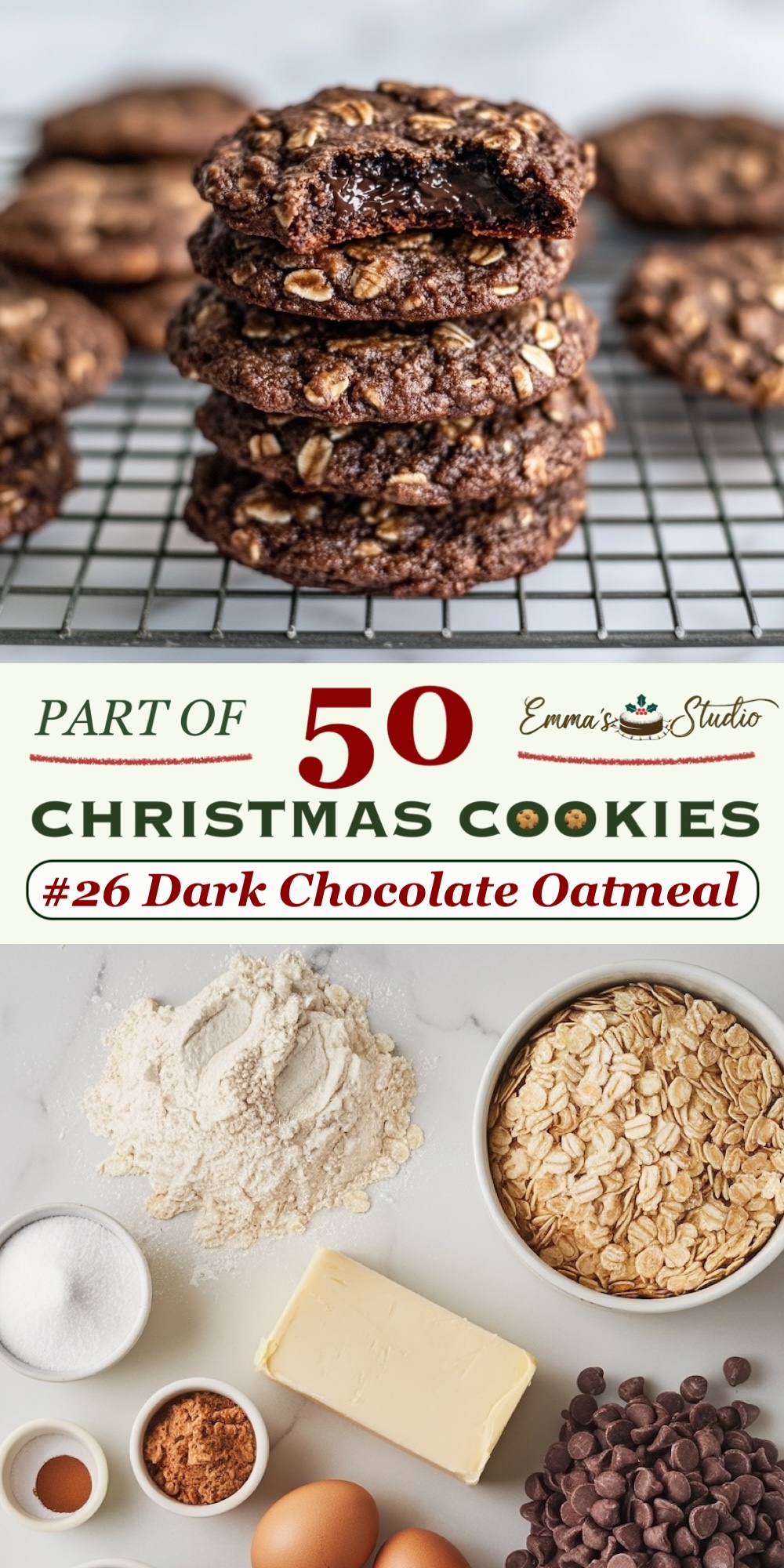Dark chocolate oatmeal cookies made with rolled oats and chunks of dark chocolate, offering a chewy texture and intense chocolate flavor. These cookies are a wholesome yet indulgent option for chocolate lovers, combining the richness of chocolate with the hearty texture of oats. Featured in a 50 Christmas Cookies collection, these cookies are a festive and satisfying choice for Christmas celebrations.