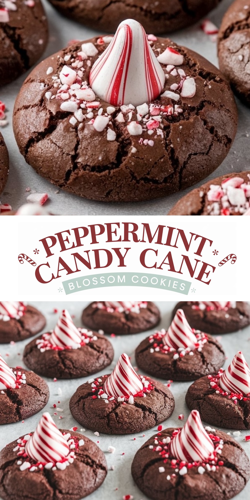 Close-up of festive Peppermint Candy Cane Blossom Cookies featuring a rich, cracked chocolate cookie base topped with a peppermint-striped chocolate kiss and sprinkled with crushed candy cane pieces. Ideal Christmas cookies for holiday platters, perfect for peppermint and chocolate lovers.