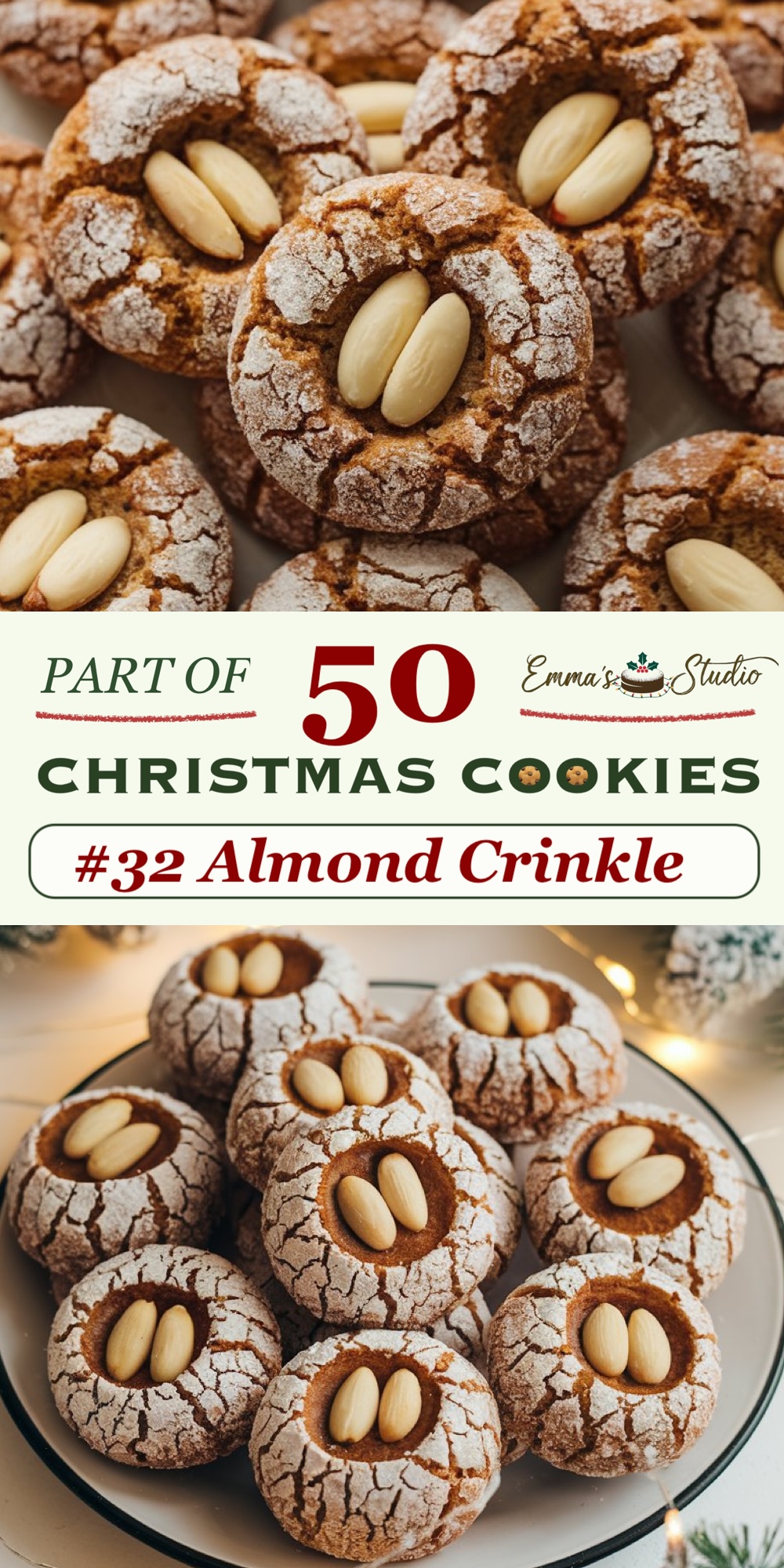 Almond crinkle cookies with a nutty, almond-flavored dough, topped with two whole blanched almonds in the center. The cookies are rolled in powdered sugar before baking, creating a cracked surface that reveals the golden almond dough underneath. The addition of whole almonds adds texture and visual appeal, enhancing the classic crinkle cookie style. Part of the "50 Christmas Cookies" collection, these cookies are ideal for fans of almond and crinkle cookies, offering a subtle flavor and festive look.