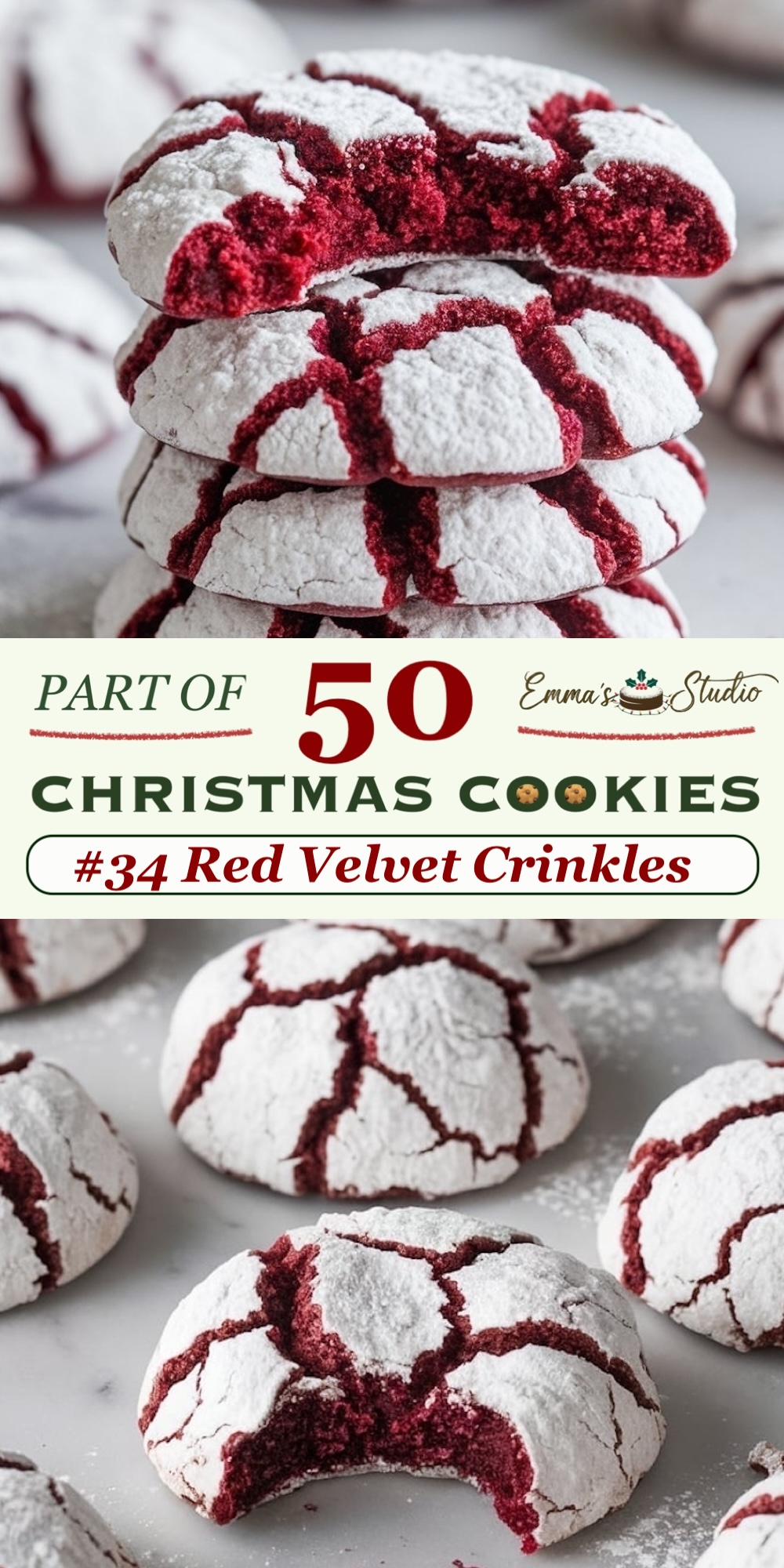 Red velvet crinkle cookies featuring a bold red hue and rolled in powdered sugar, creating a striking color contrast in the cracked surface. These cookies have a soft, moist texture, with a hint of cocoa flavor that enhances the red velvet profile. The crinkle effect adds visual interest and makes them ideal for holiday cookie trays. As part of the "50 Christmas Cookies" collection, these cookies are perfect for red velvet lovers and those who enjoy colorful crinkle cookies.