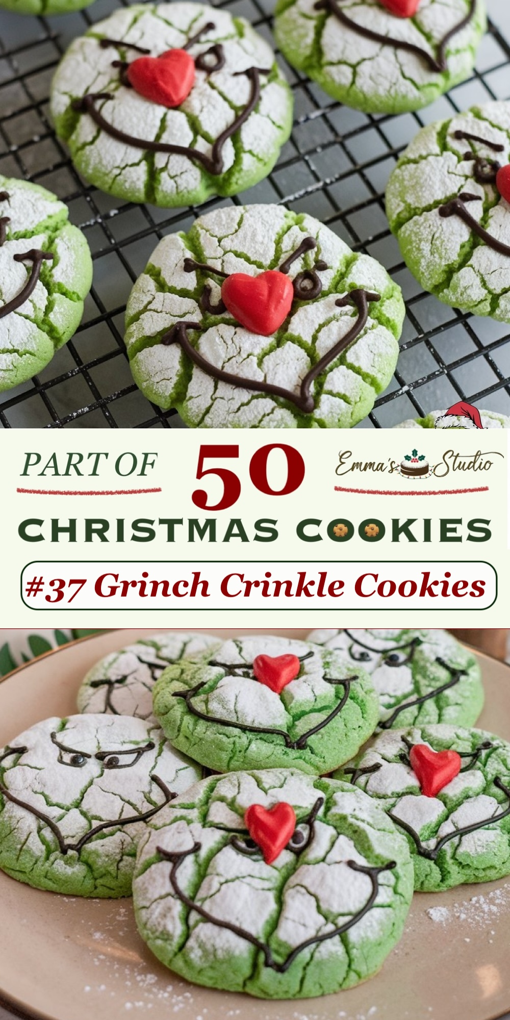 Grinch-inspired crinkle cookies with a bright green matcha-colored dough, topped with red candy hearts and chocolate piped features to create the Grinch’s face. The cookies are rolled in powdered sugar to achieve the classic crinkle effect, with dark cracks exposing the green interior. The red heart and facial details add a playful touch, making these cookies ideal for themed holiday baking. Included in the "50 Christmas Cookies" collection, appealing to fans of character-inspired cookies and crinkle cookie designs.