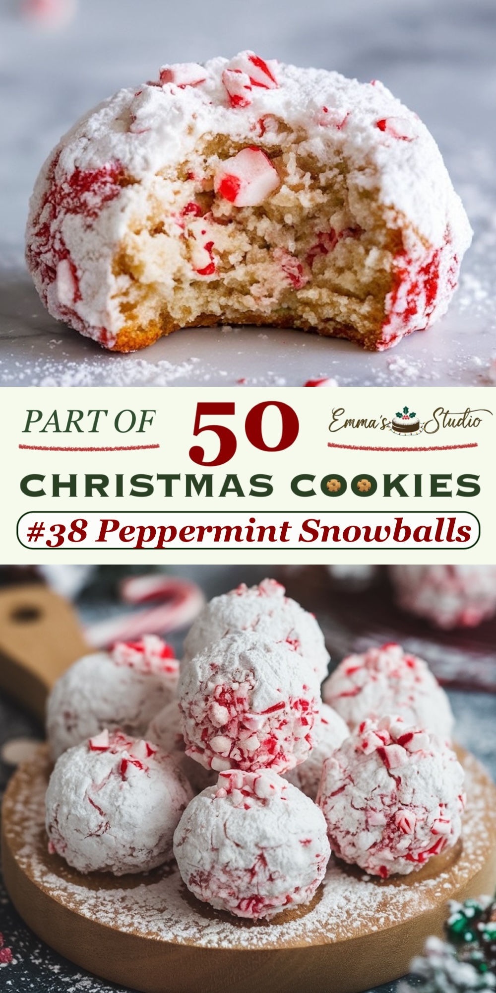 Peppermint snowball cookies rolled in crushed peppermint candy pieces and powdered sugar, creating a festive, textured coating. The cookies are flavored with peppermint extract, giving a refreshing minty taste that balances the sweetness. The crushed peppermint pieces add a bit of crunch, enhancing the classic snowball cookie look with holiday colors. Part of the "50 Christmas Cookies" series, ideal for peppermint lovers and snowball cookie enthusiasts.