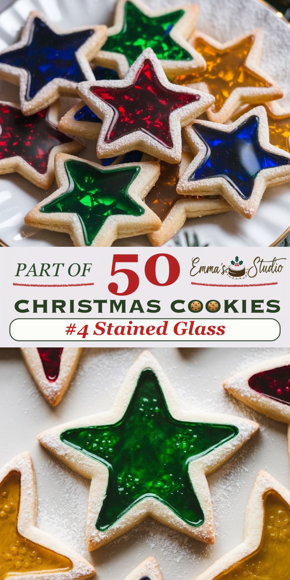 Stained glass star cookies with colorful translucent centers, crafted to look like holiday ornaments. Each star-shaped sugar cookie has a clear, jewel-toned center in shades of green, red, blue, and yellow, giving a unique stained-glass effect. Dusted with powdered sugar, these cookies are part of a 50 Christmas Cookies collection, perfect for adding an elegant, decorative element to seasonal dessert spreads.