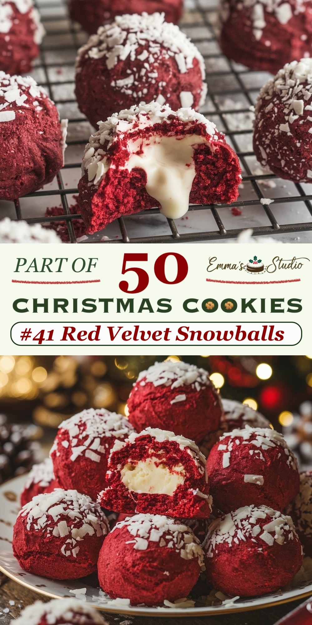 Close-up of red velvet snowball cookies with a creamy white chocolate center, coated in powdered sugar and topped with shredded coconut flakes. The bright red cookie shell contrasts with the soft, vanilla-flavored filling, which is exposed in one of the cookies. These red velvet treats combine a chewy exterior with a smooth, rich interior, perfect for fans of both snowball cookies and crinkle cookies. Labeled as part of the "50 Christmas Cookies" collection, ideal for festive dessert tables or as holiday gifts.