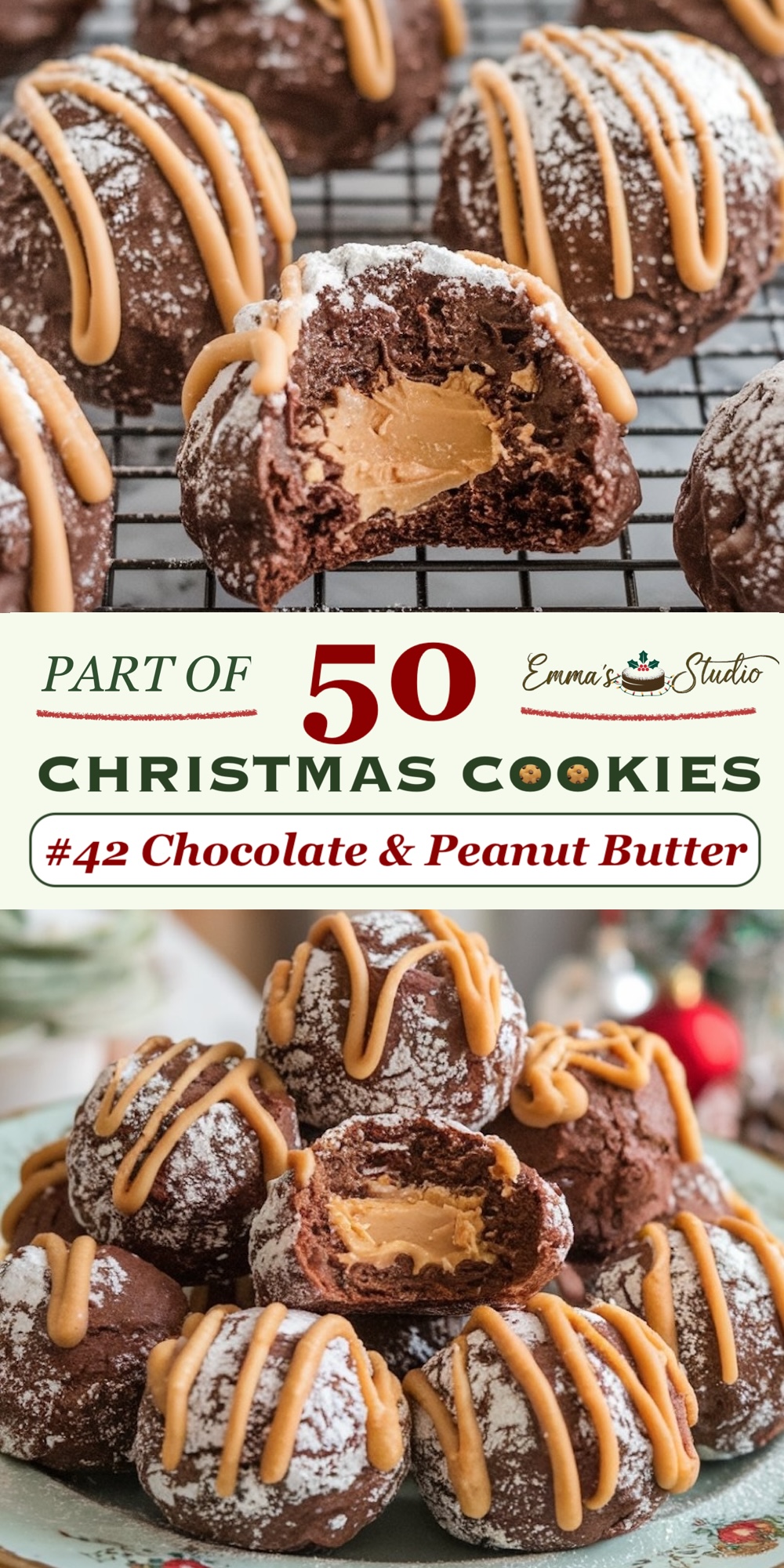 Chocolate and peanut butter snowball cookies with a soft, chocolate-flavored outer layer, filled with a creamy peanut butter center. The cookies are rolled in powdered sugar and drizzled with additional peanut butter for a sweet and nutty finish. The outer shell is slightly firm, giving way to a smooth, rich filling that makes each bite satisfying. These snowball cookies are part of the "50 Christmas Cookies" collection, a perfect choice for fans of chocolate and peanut butter combinations.