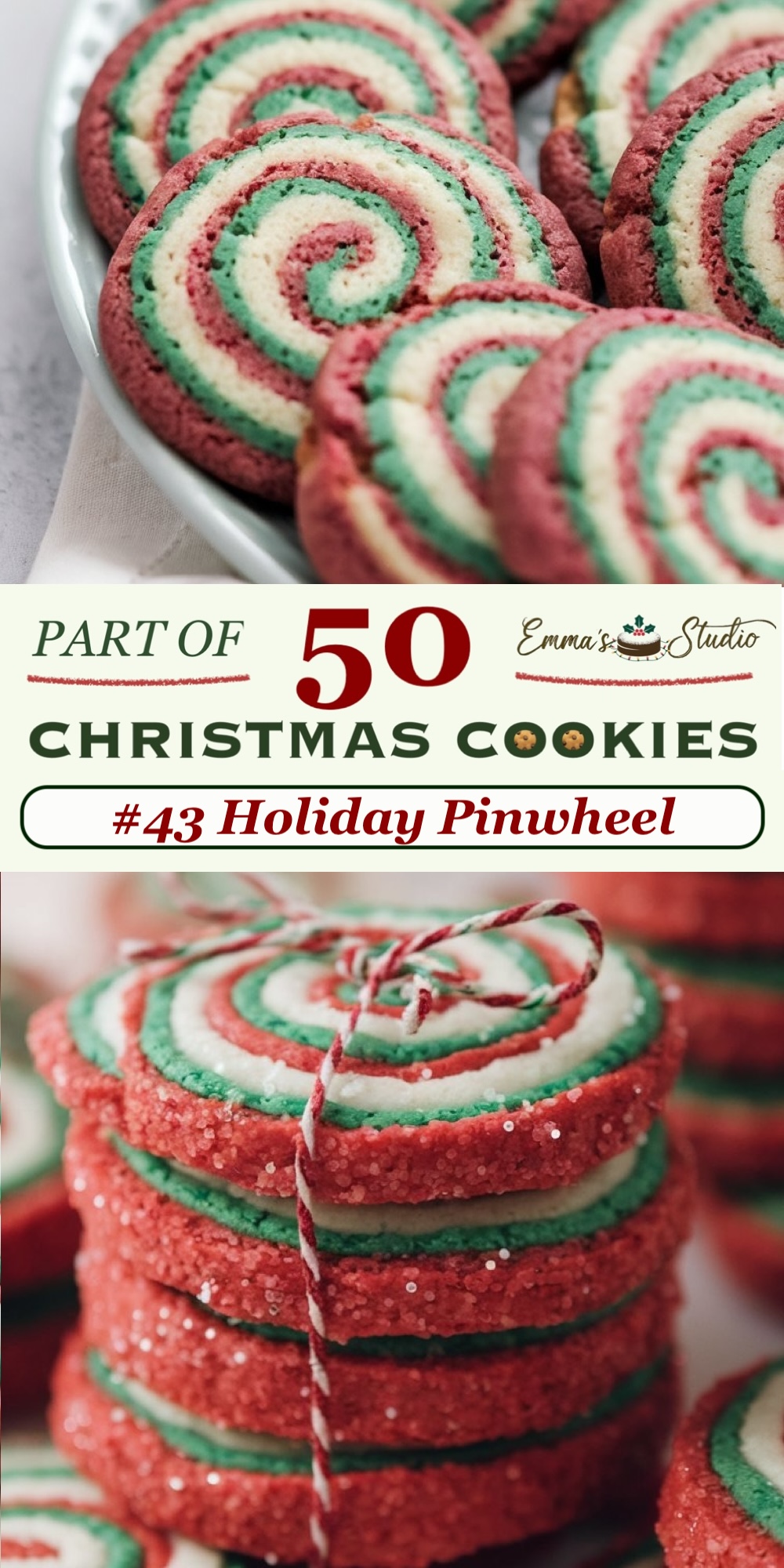 Holiday pinwheel cookies in festive red, green, and white swirls, capturing the Christmas spirit in each colorful spiral. These vibrant cookies have a crisp sugar cookie texture with the outer edges coated in red sugar crystals for added sparkle and sweetness. Their eye-catching pinwheel pattern makes them a fun and decorative choice for holiday gatherings. Included in the "50 Christmas Cookies" collection, these cookies are perfect for adding a cheerful, classic Christmas look to any dessert table.