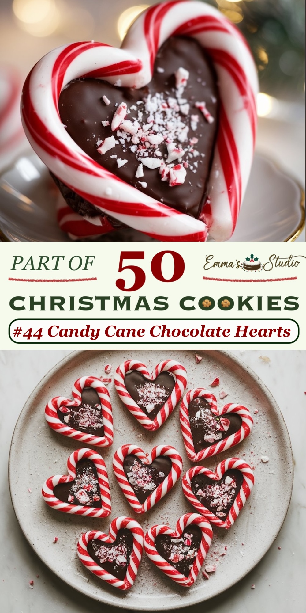 Candy cane chocolate heart cookies made with two candy canes shaped into hearts and filled with rich melted chocolate. Each heart-shaped treat is sprinkled with crushed peppermint pieces, adding a festive touch and a burst of minty freshness against the creamy chocolate center. These visually striking cookies bring together the classic holiday flavors of peppermint and chocolate, making them a beautiful and delicious addition to any Christmas cookie platter. Part of the "50 Christmas Cookies" series, ideal for candy cane and chocolate lovers.